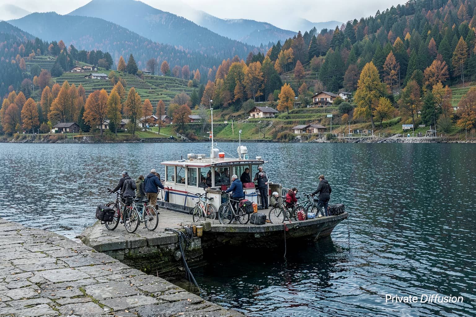 A small ferry carrying travelers and bicycles approaches a stone quay on a mountain lake.