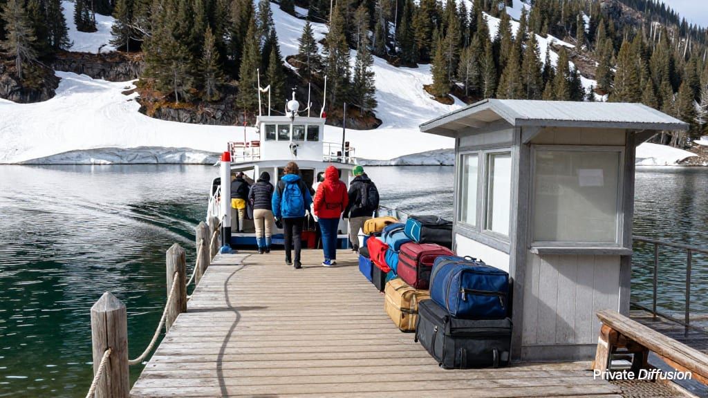 Travelers board a small ferry from a wooden dock on a clear mountain lake.