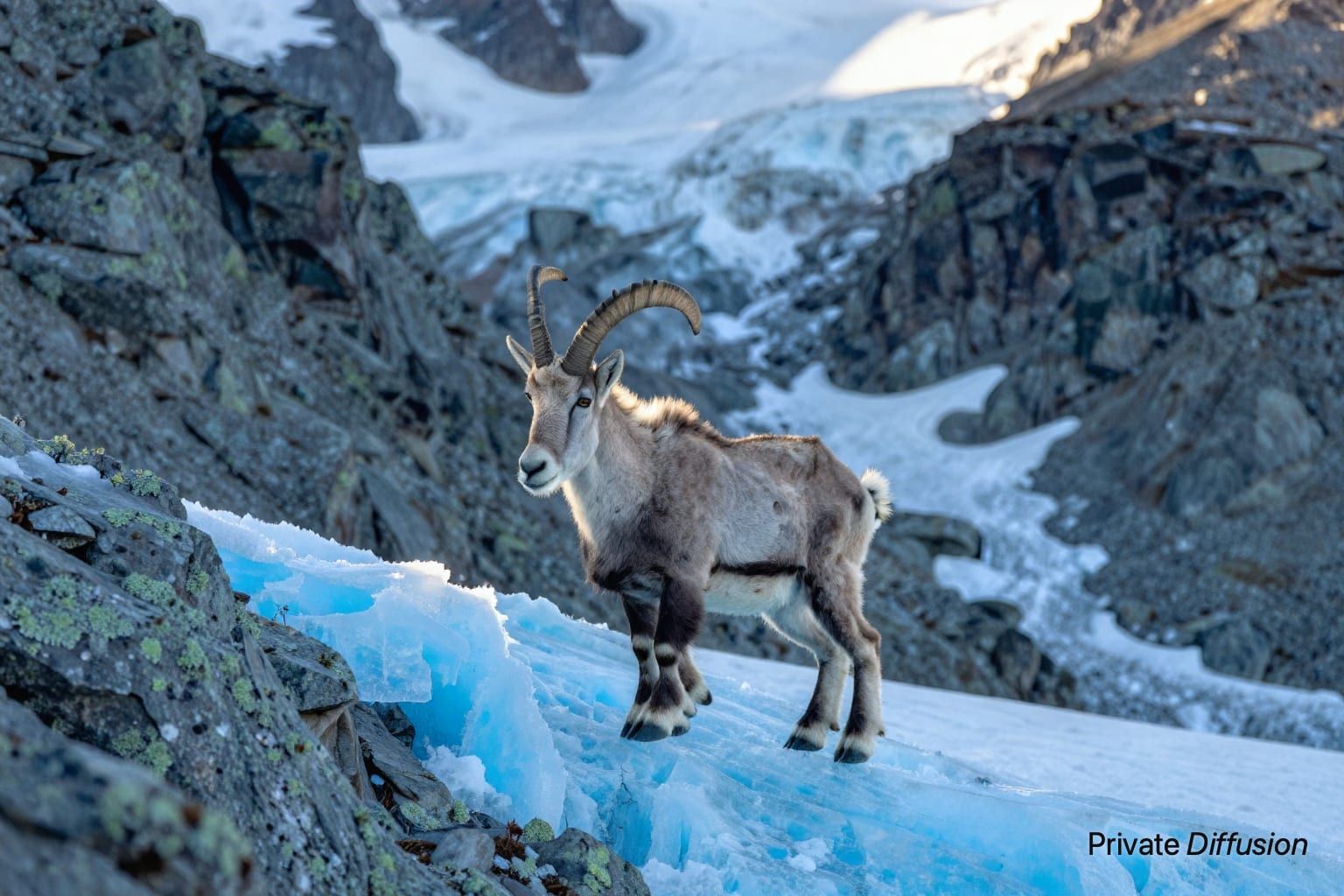 A mountain goat steps across a narrow blue ice ridge above an alpine valley.