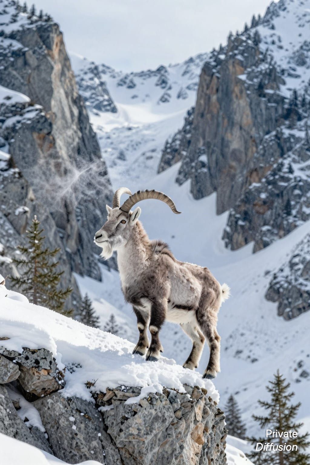 A mountain goat stands on a snowy ledge above a steep alpine valley.