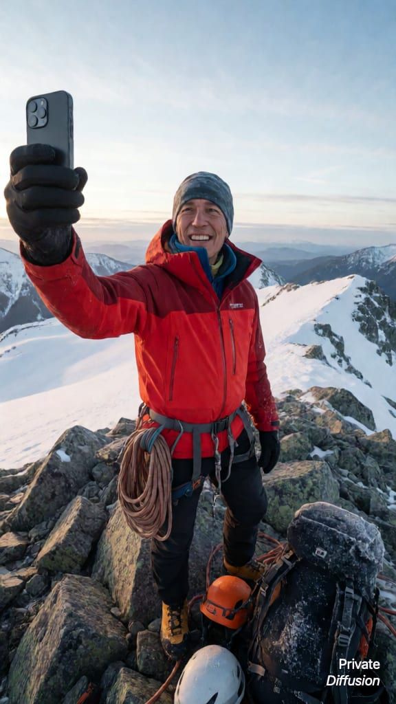 An adult mountain guide takes a smiling selfie on a rocky snowy summit.