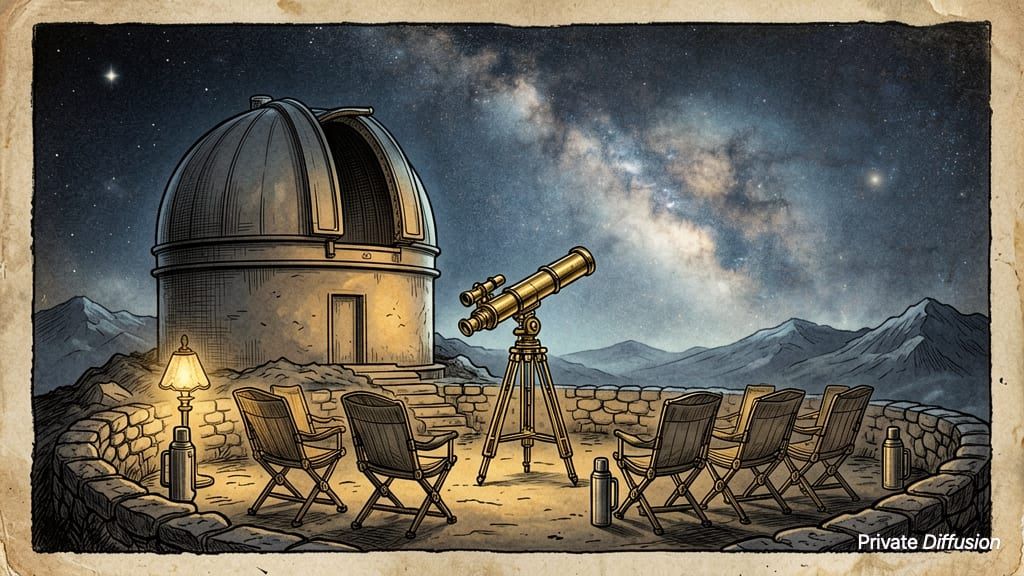 An open mountain observatory faces a starry sky in vintage science illustration style.