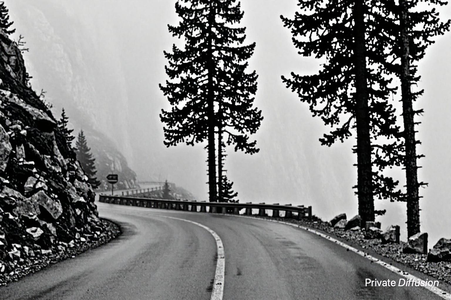 A foggy mountain road curves between pines and rocky slopes.