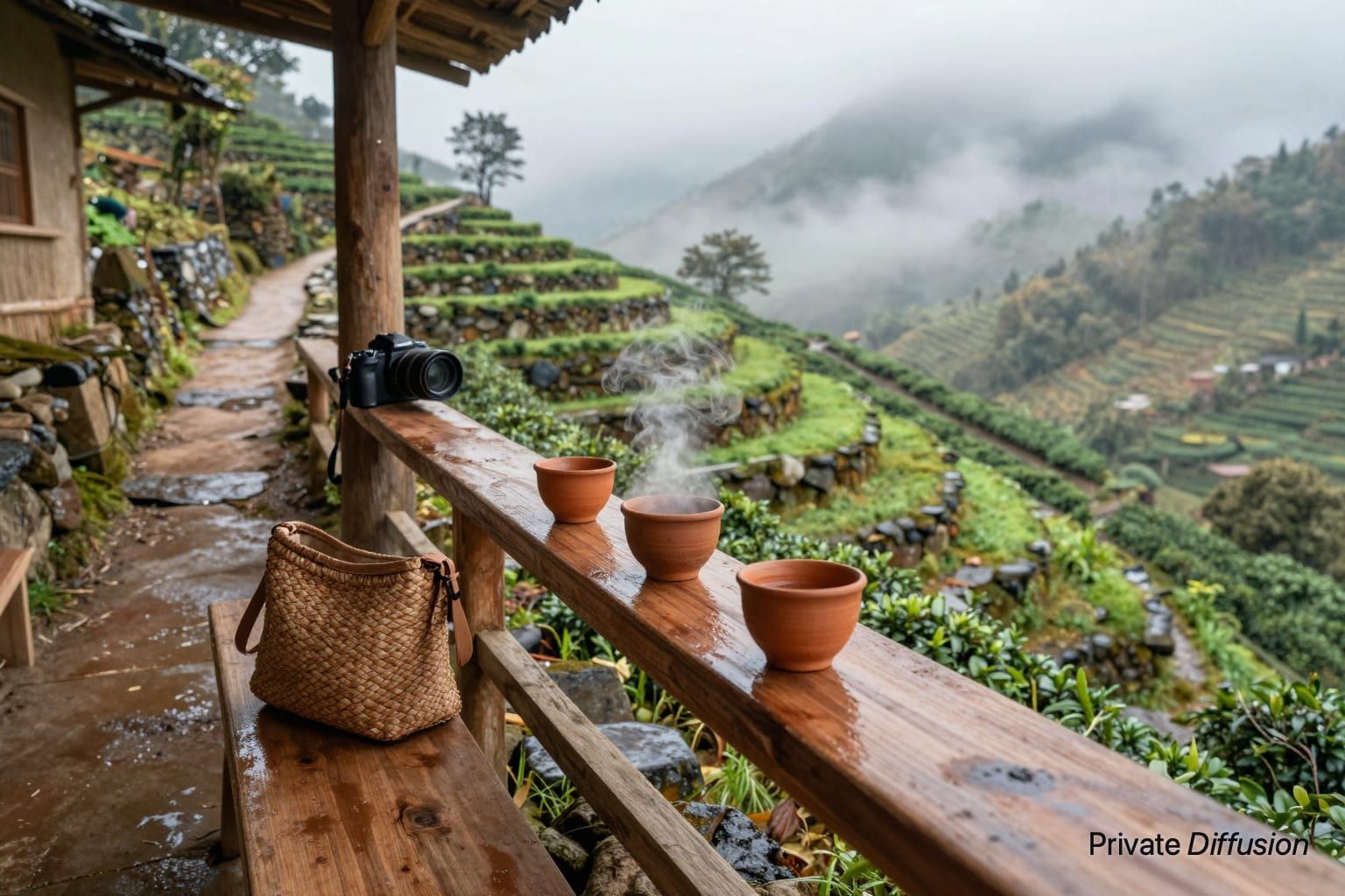 Clay tea cups sit on a balcony above misty green mountain terraces.