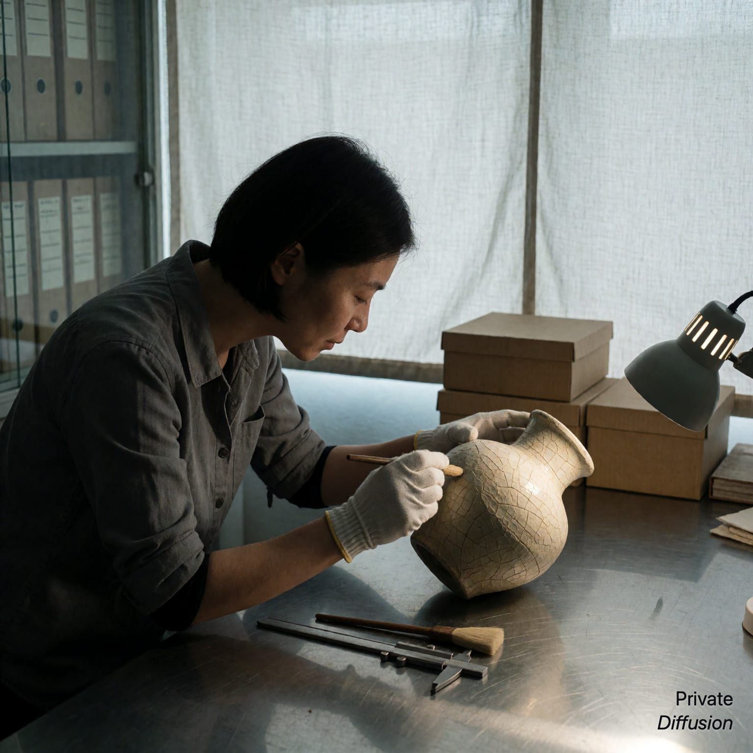 A conservator examines a cracked ceramic vase on a steel table in a museum workroom.