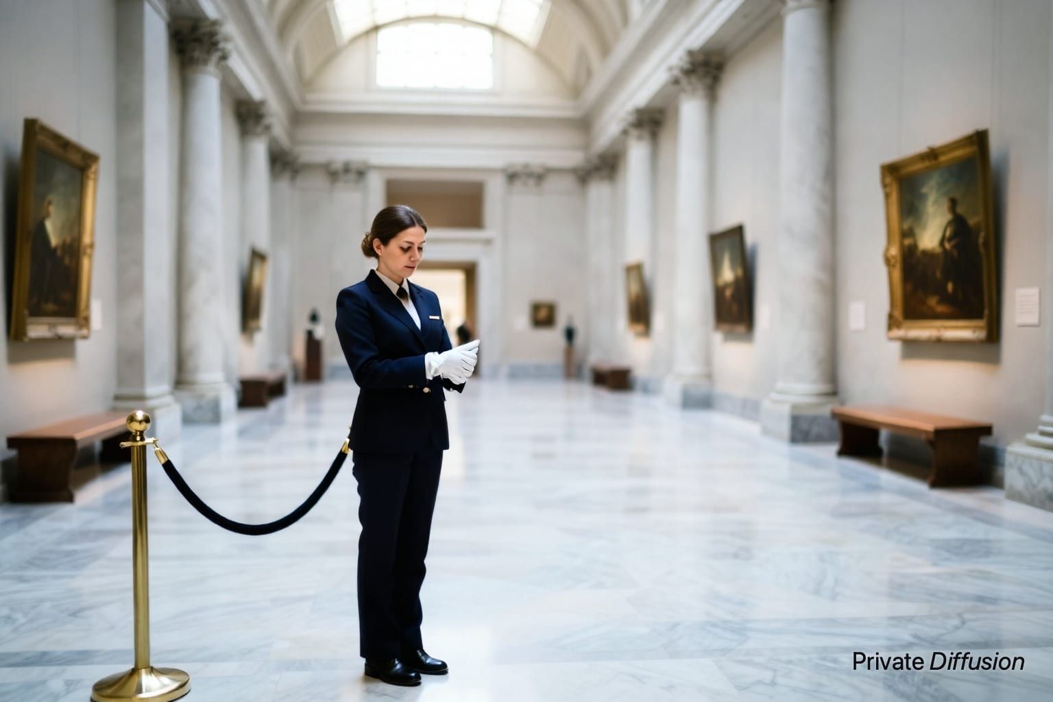 A museum guard adjusts a glove while standing in a bright marble gallery.