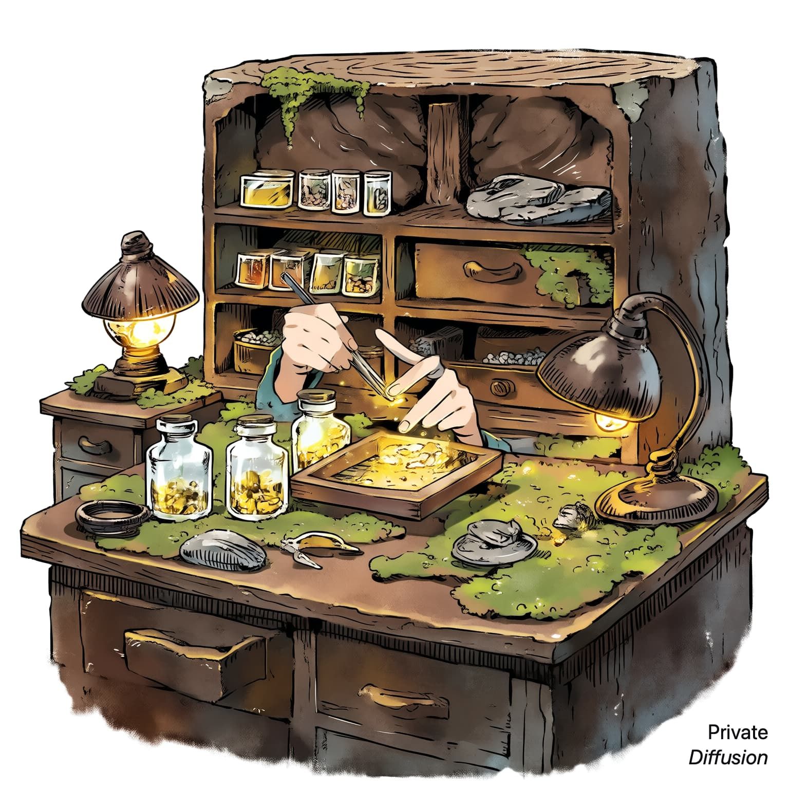 A mushroom archivist organizes glowing spores inside a tree-stump archive.