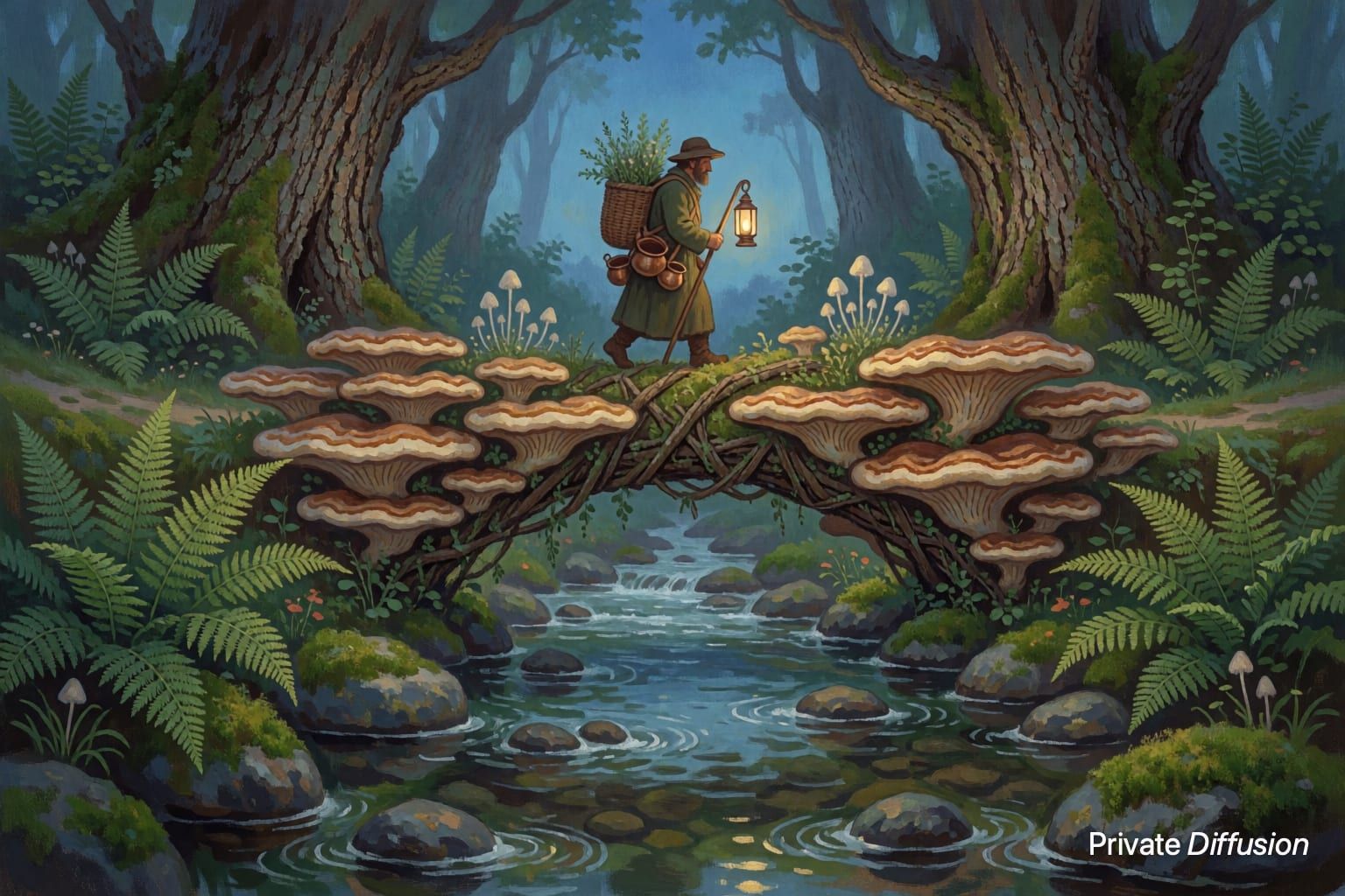 An herbalist crosses a giant mushroom bridge over a glassy forest river.