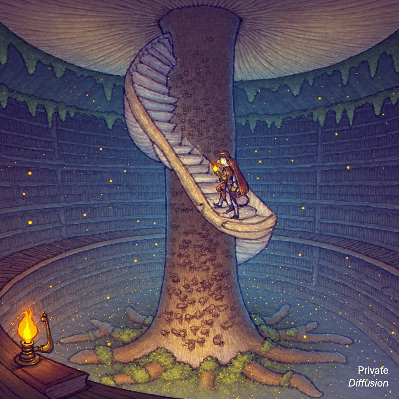 An archivist climbs stairs inside a glowing mushroom library beneath tree roots.
