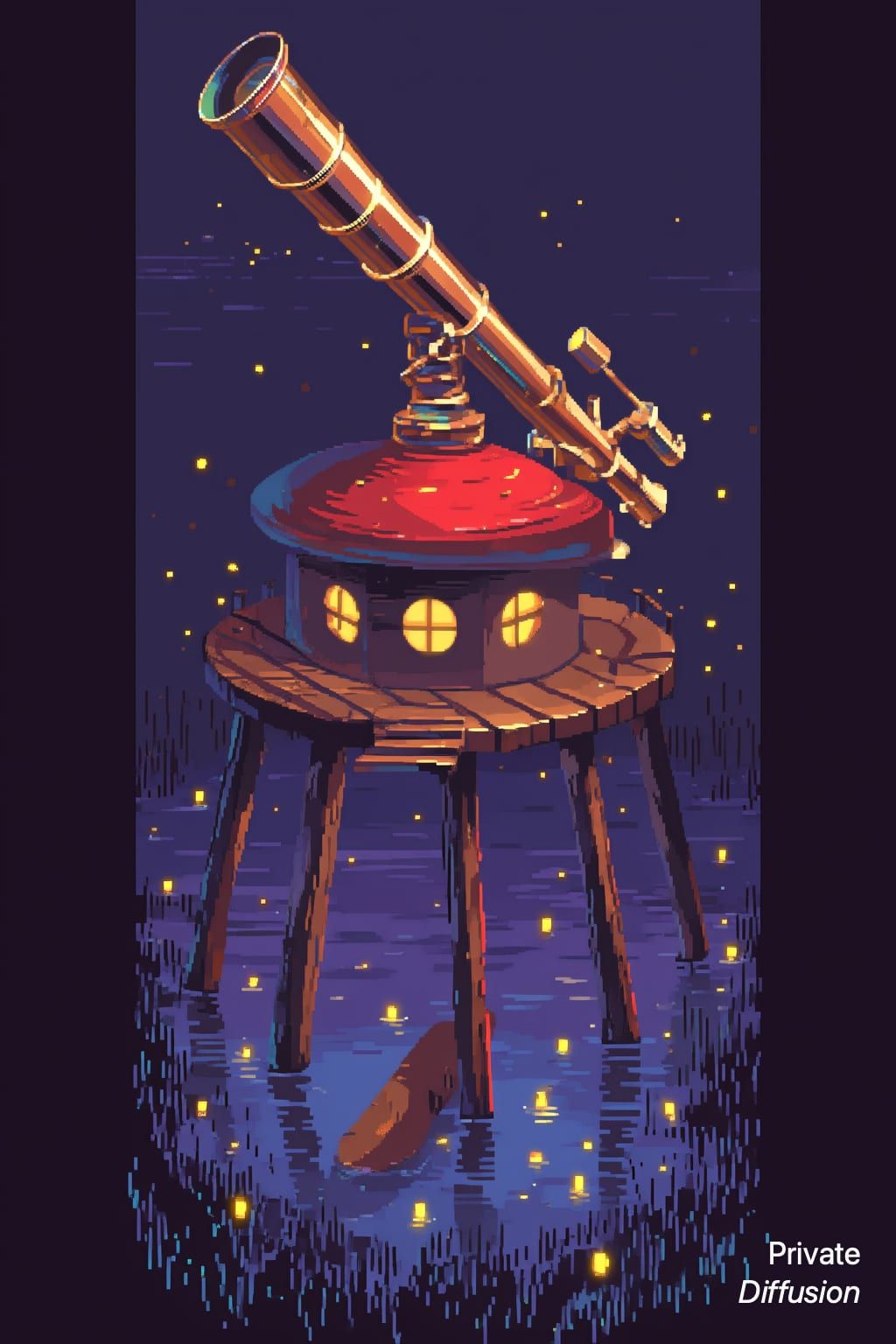 A pixel-art mushroom observatory towers over a firefly marsh at dusk.