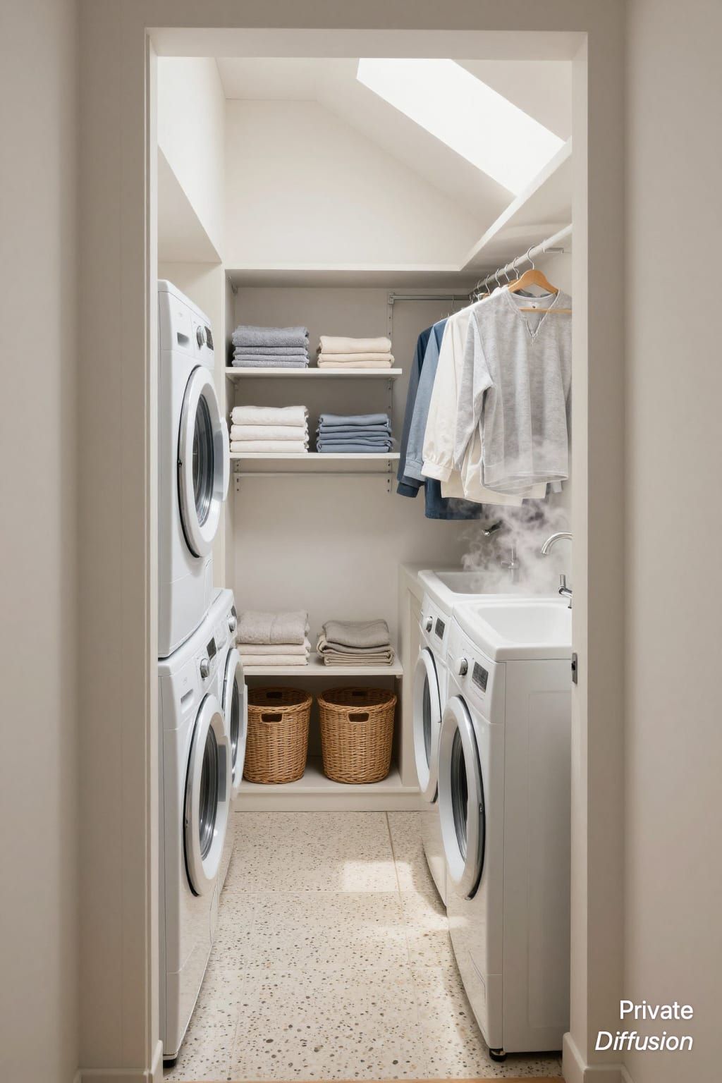 A narrow apartment laundry room has stacked appliances, shelves, baskets, a sink, and bright skylight.