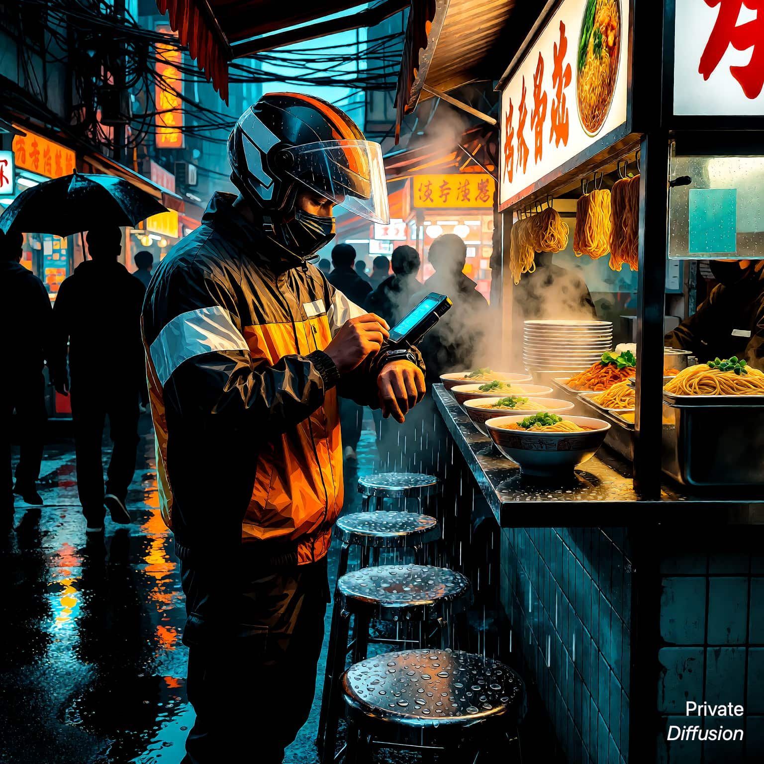 A helmeted courier checks a wrist console beside a rainy neon food kiosk.
