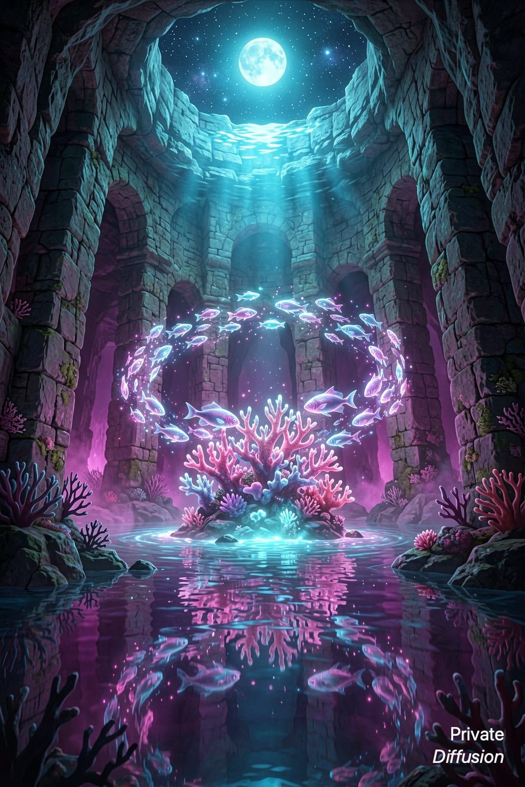 A glowing tidepool with digital fish floats inside a hollow stone tower.