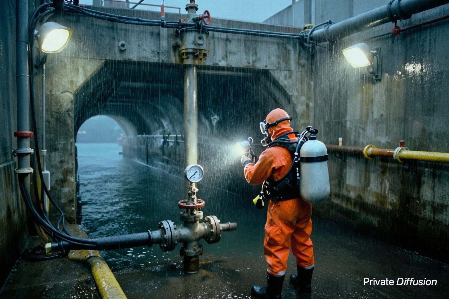 A suited diver inspects a valve beside a huge wet floodgate at night.