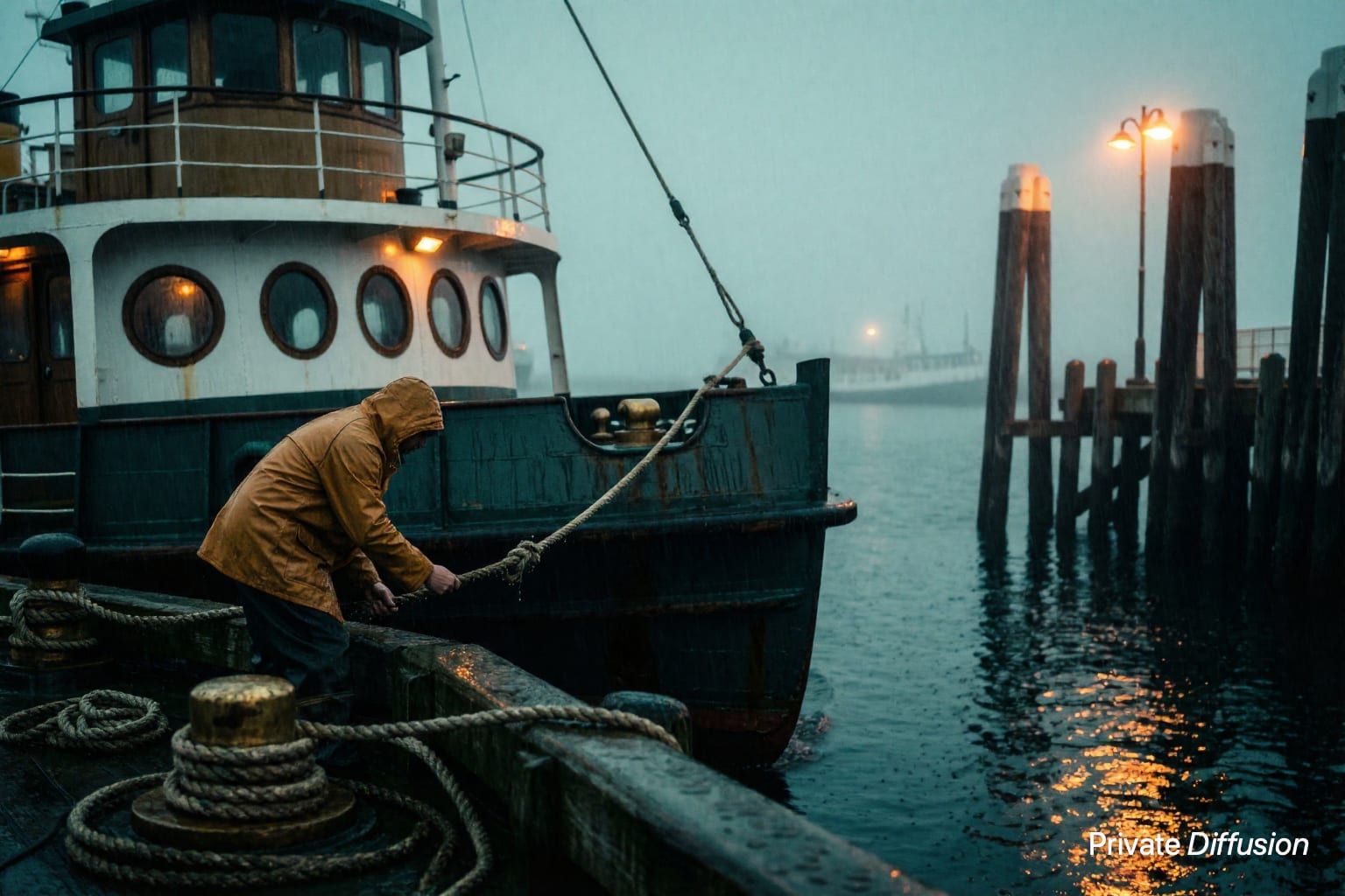A passenger ferry emerges through fog near a dock as a deckhand checks a rope.