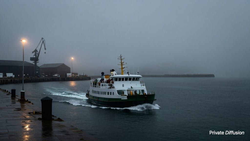A harbor ferry moves through foggy dark water between wet piers at night.