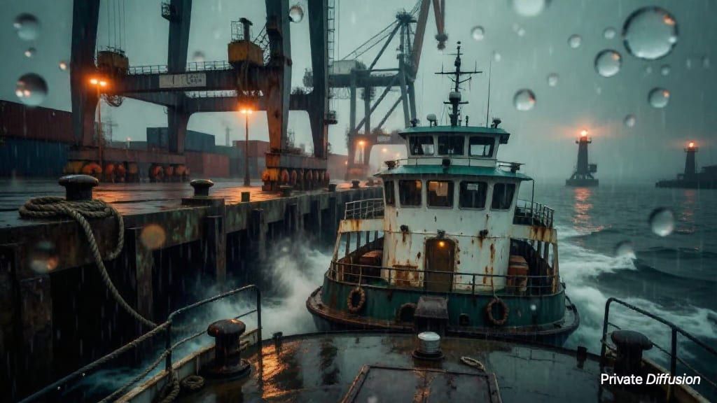 A ferry moves through heavy rain toward a dim industrial pier at night.