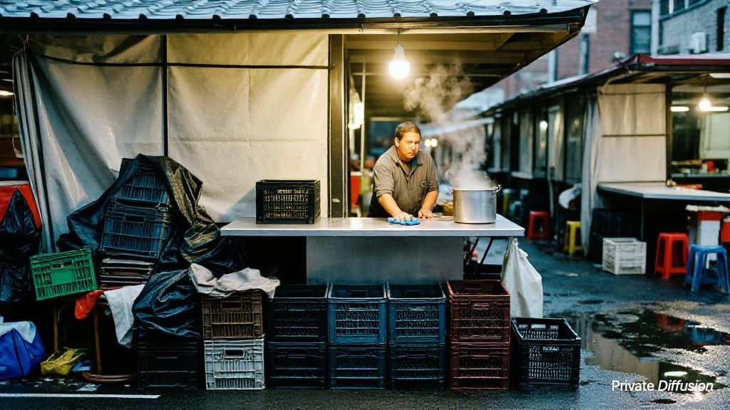 A street vendor wipes a counter in a wet night market after closing.