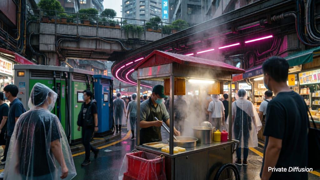 A noodle vendor serves food below glowing rail tracks in a rainy futuristic night market.