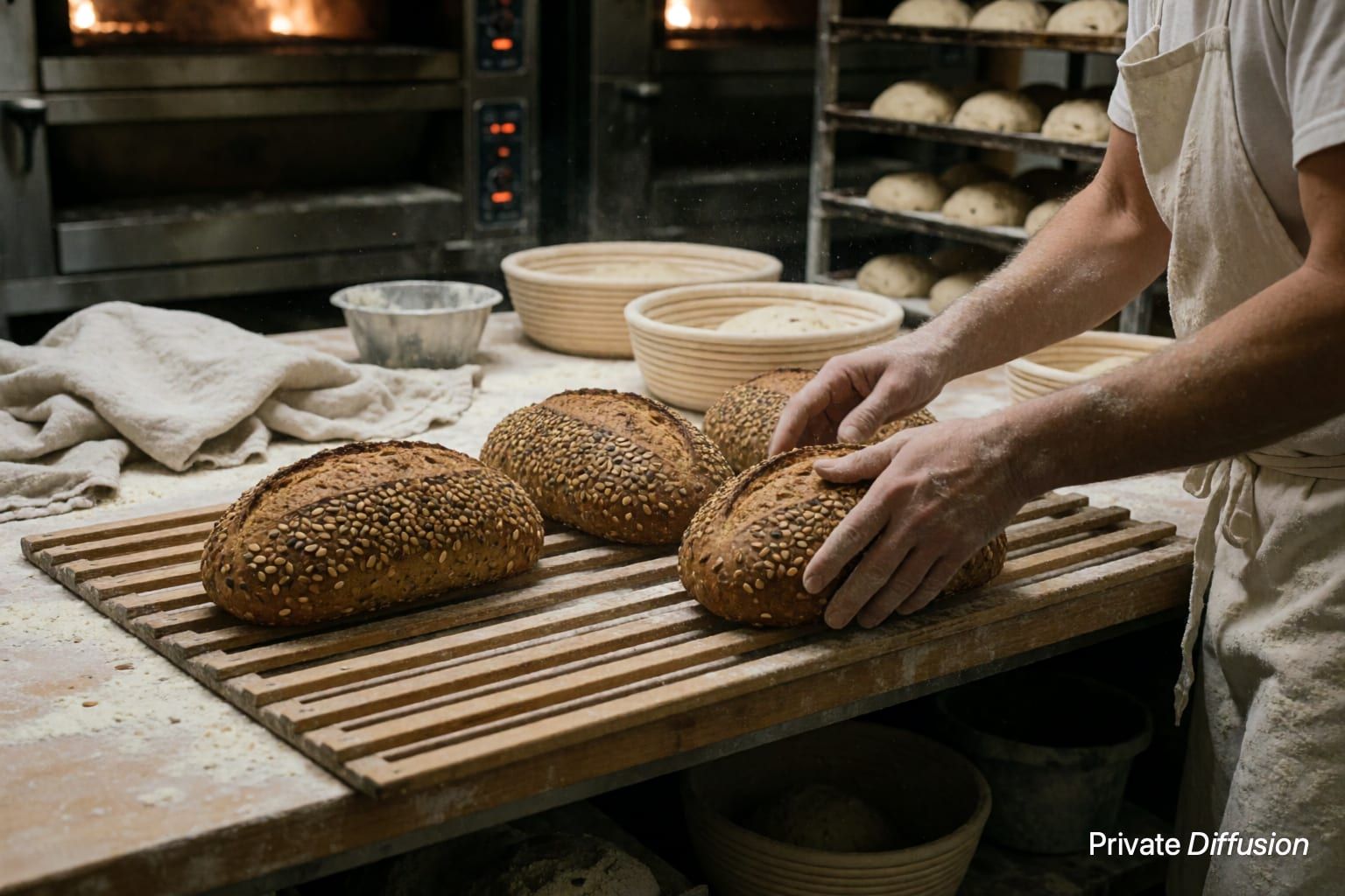 A baker moves seeded loaves onto a wooden cooling rack in a bakery kitchen.