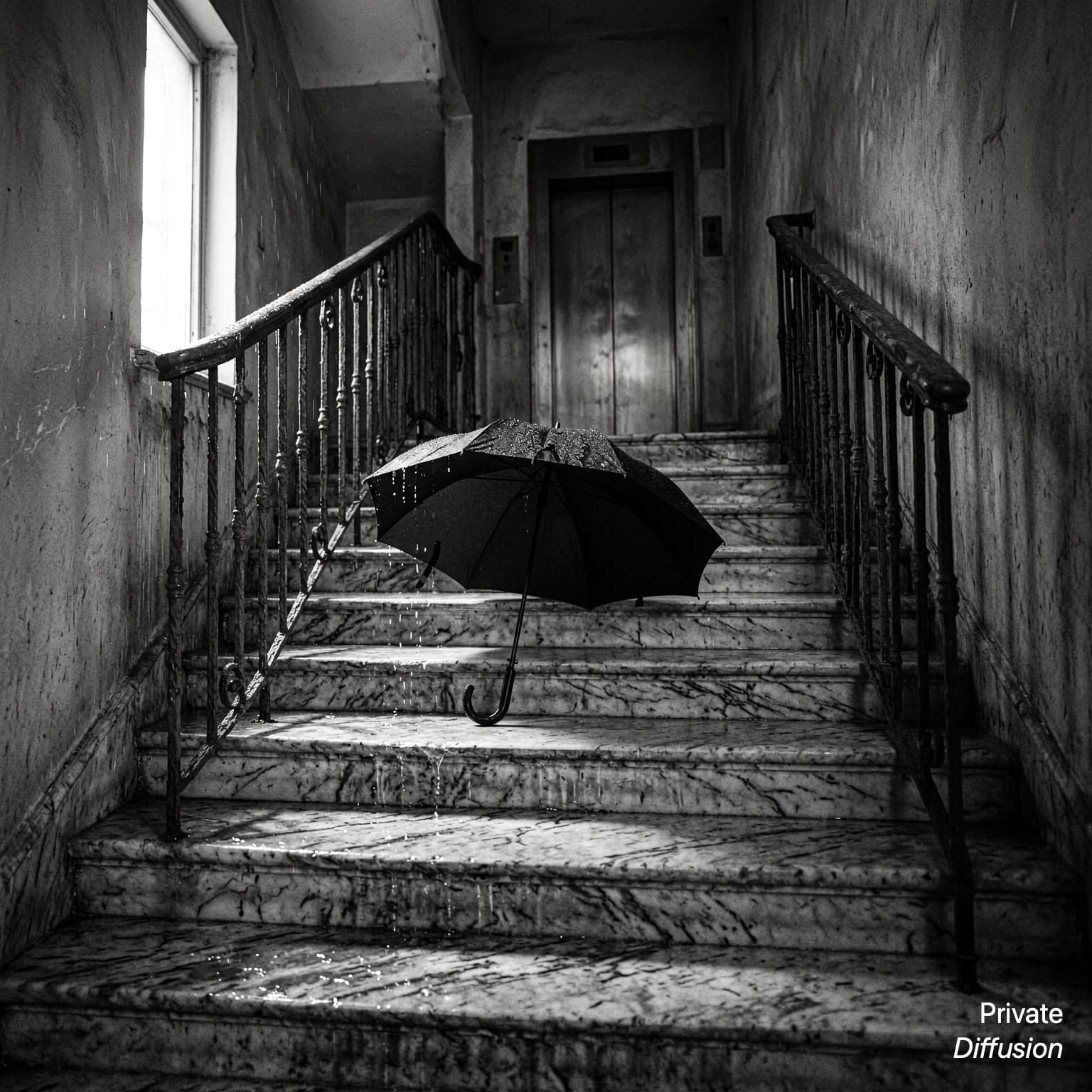 An open umbrella lies on a wet marble staircase in a noir lobby.