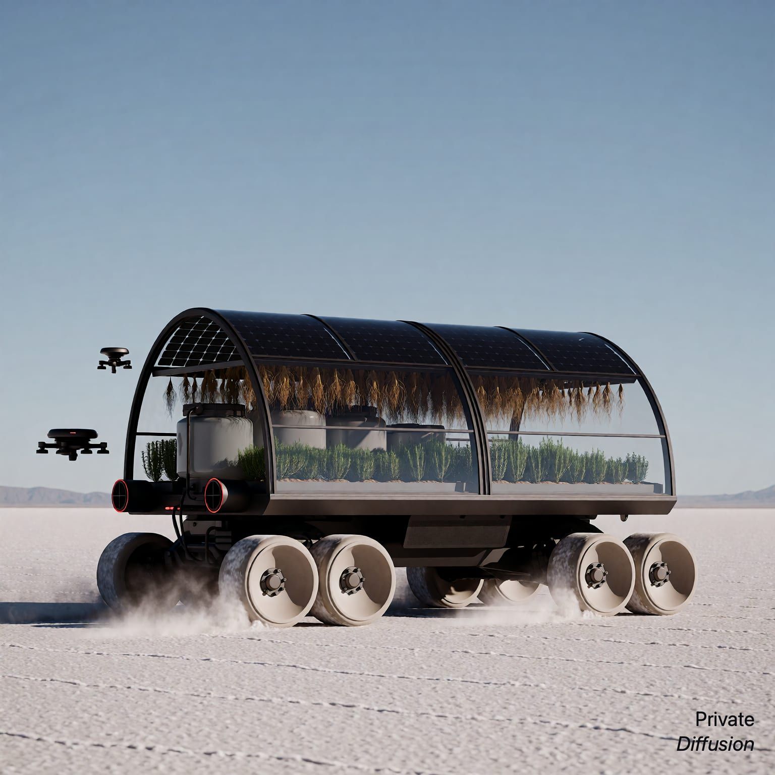 A greenhouse vehicle with glass plant bays rolls across a white salt flat.