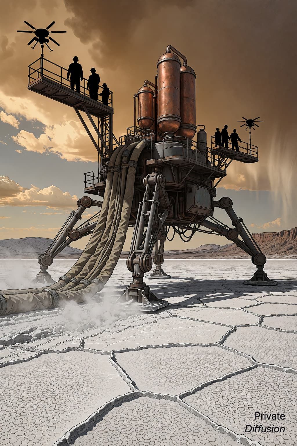 A huge walking refinery crosses a salt flat under amber storm light.