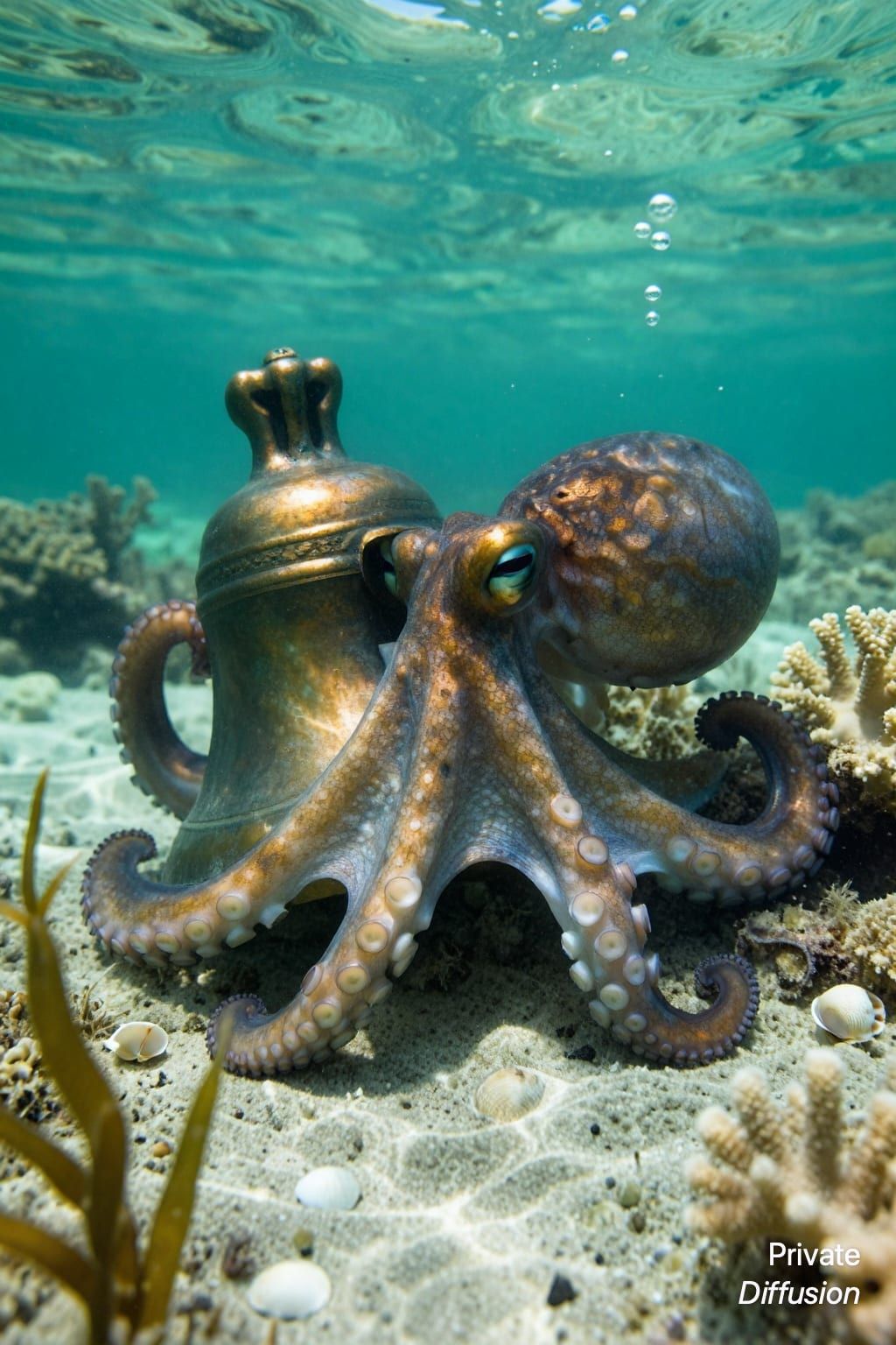 An octopus curls around a sunken bronze bell on a reef floor.