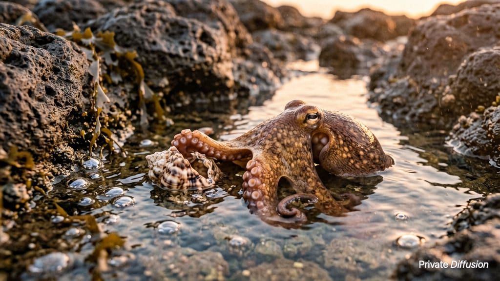A small octopus reaches across a shell in a sunlit tide pool.