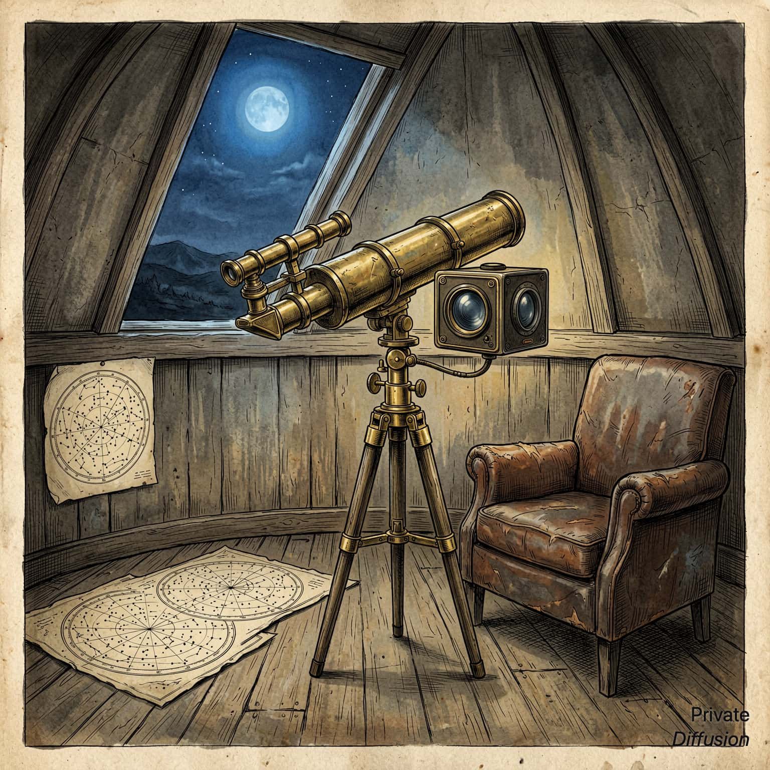 A brass telescope points through an observatory dome toward the night sky.