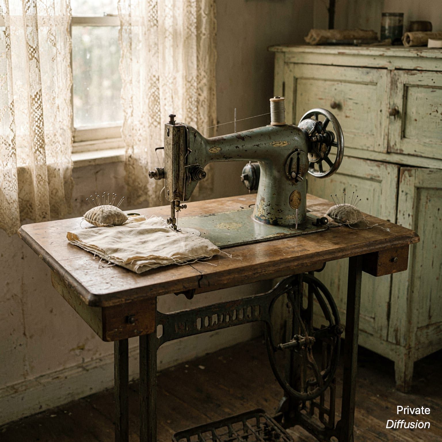 A vintage sewing machine stands on a treadle table in a sunlit workroom.