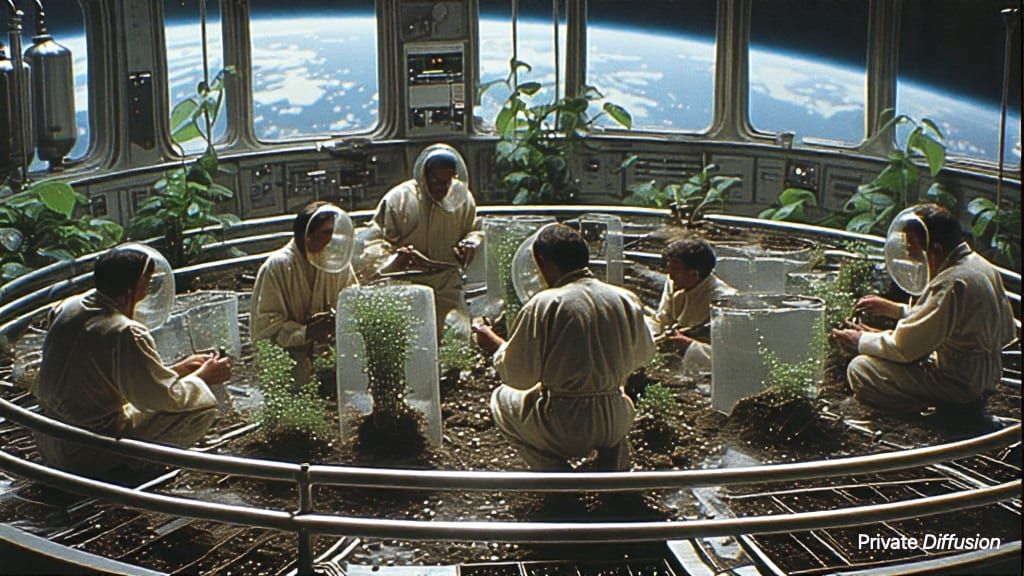Botanists in pressure suits care for seed vaults inside an orbital greenhouse ring.