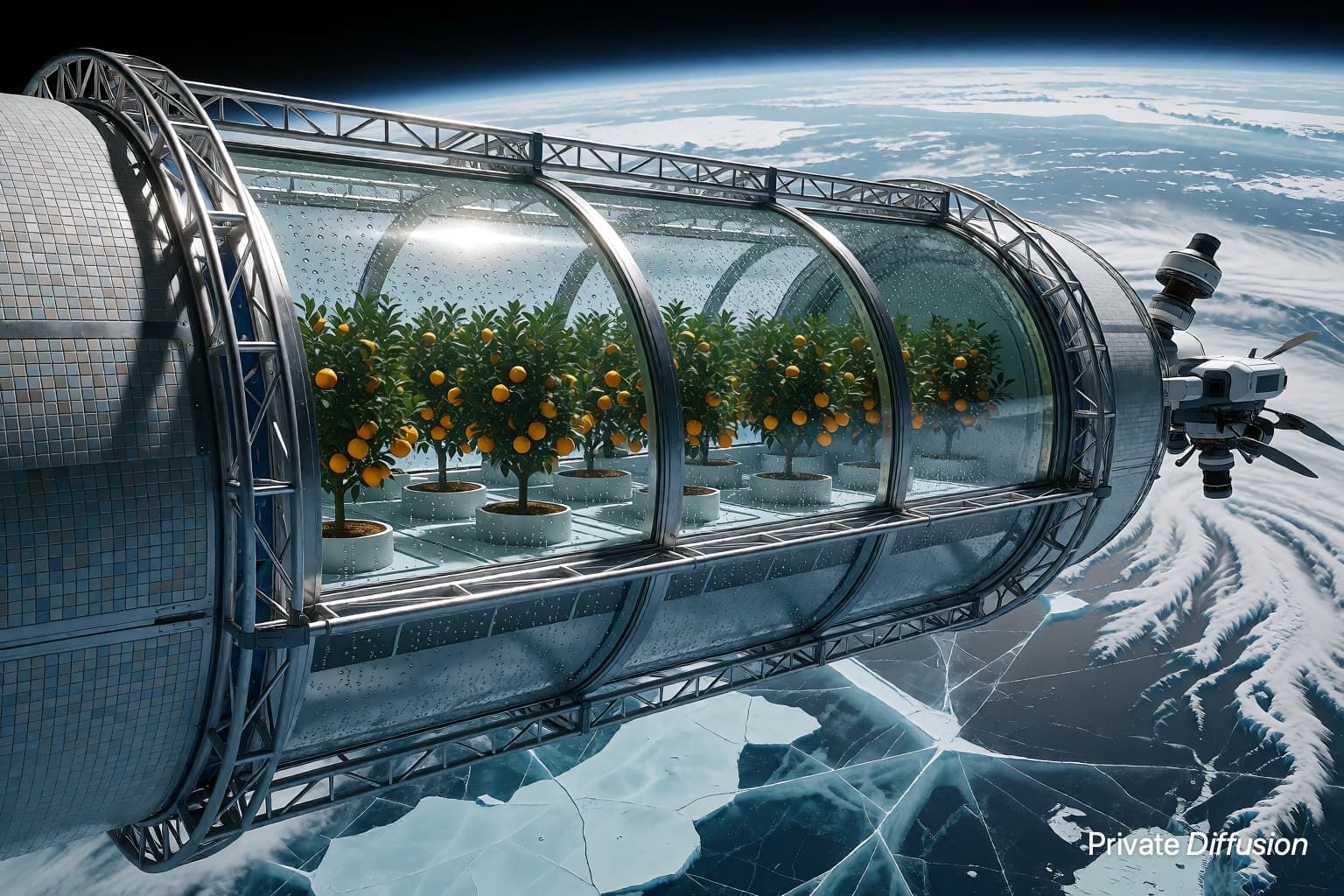 A glass orbital greenhouse with citrus trees floats above a frozen ocean moon.