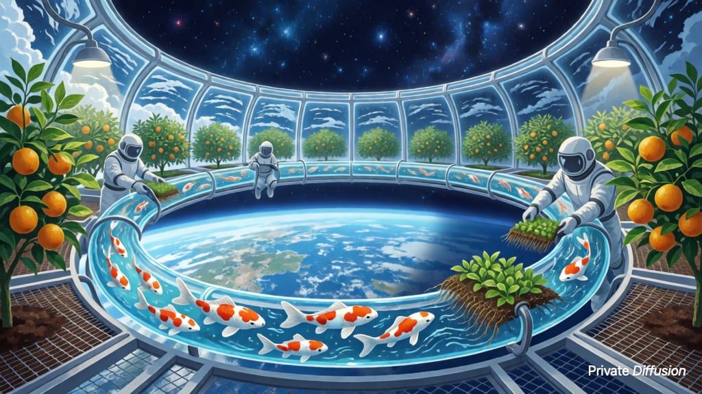 An orbital greenhouse ring holds trees and drifting koi above a blue planet.
