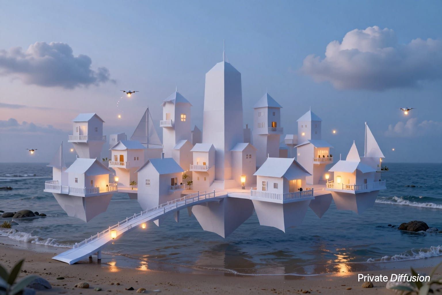 A folded paper city floats above reflective tidal pools at twilight.