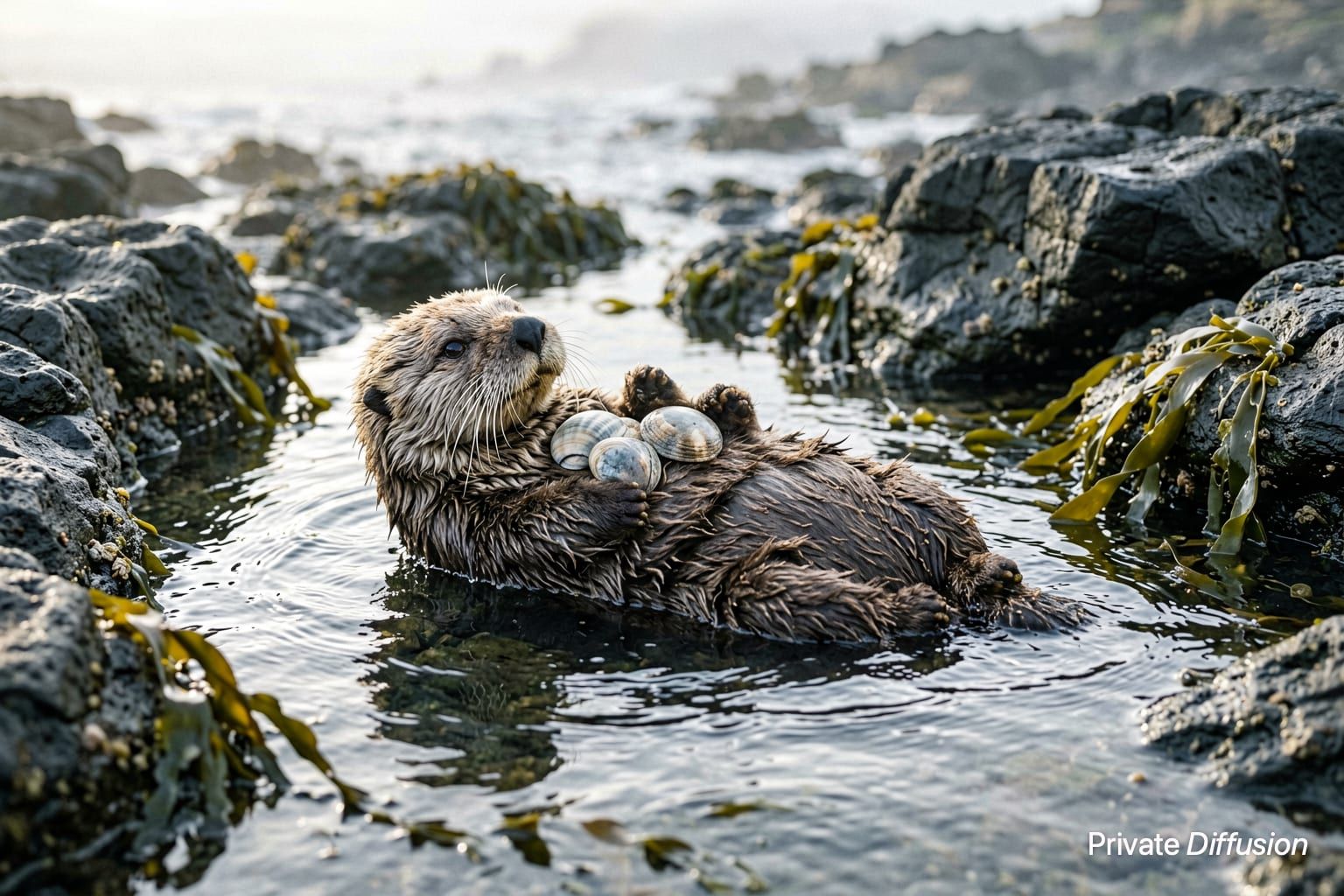 A sea otter floats on its back balancing shells near a rocky shore.