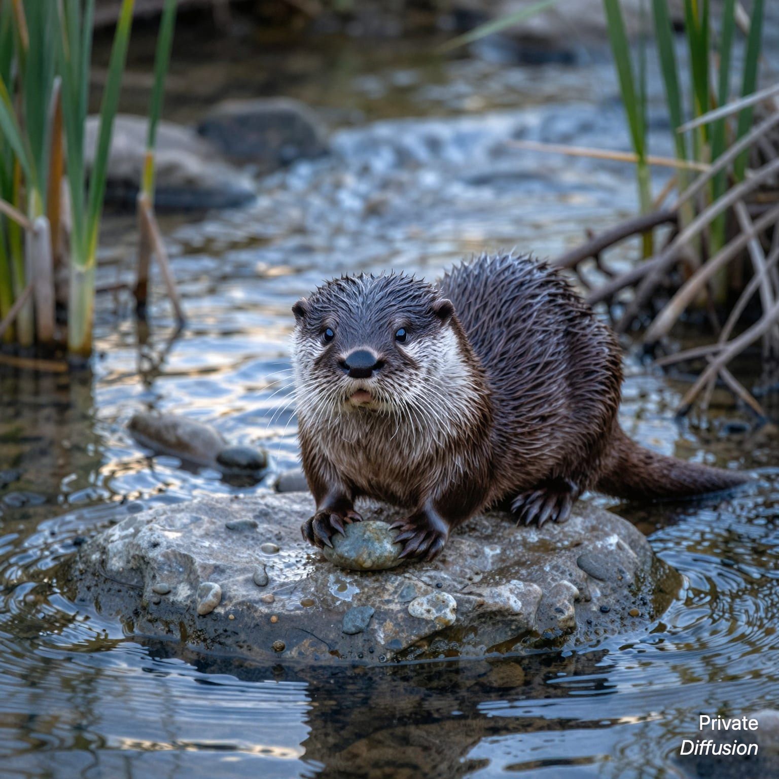 A river otter balances smooth stones on a rock beside a shallow stream.