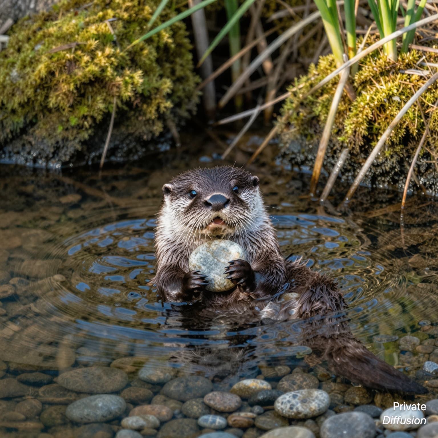 A river otter floats on its back in a creek while holding a stone.