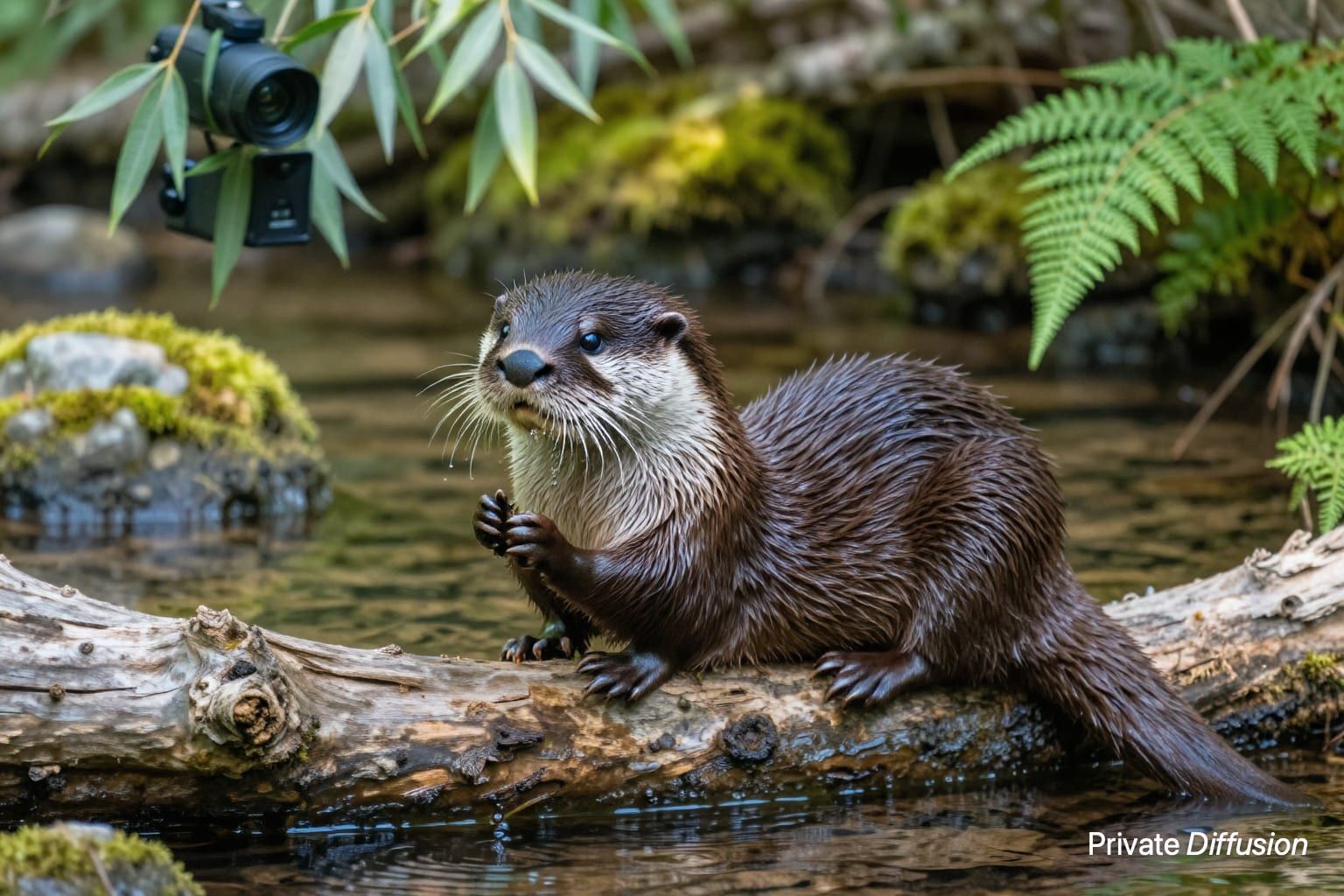 A wet river otter rests on a cedar log beside a woodland stream.