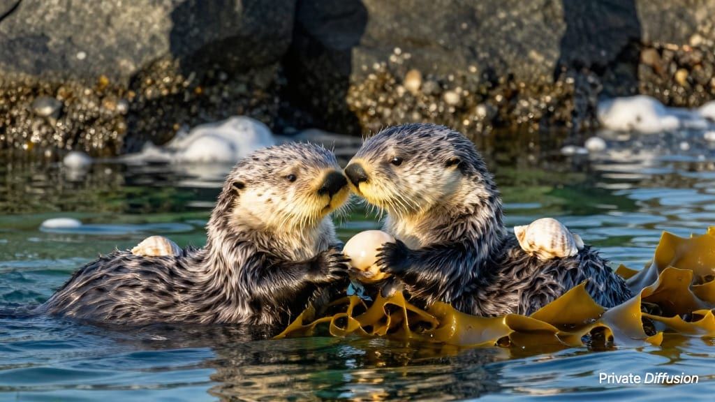 Two sea otters float together with shells in a calm rocky tidepool.