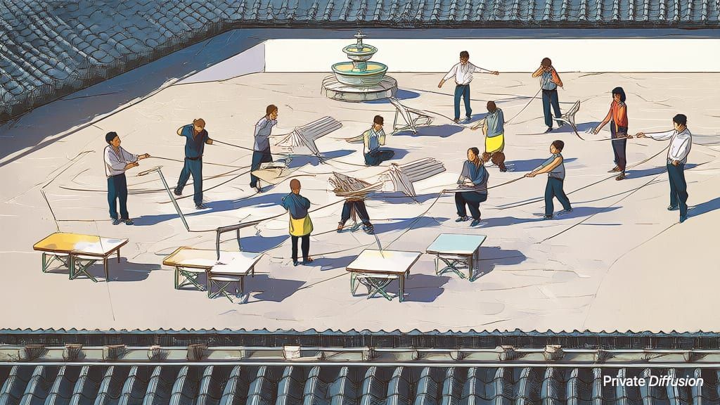 Adults build colorful bird-shaped kites together in a sunny stone plaza.