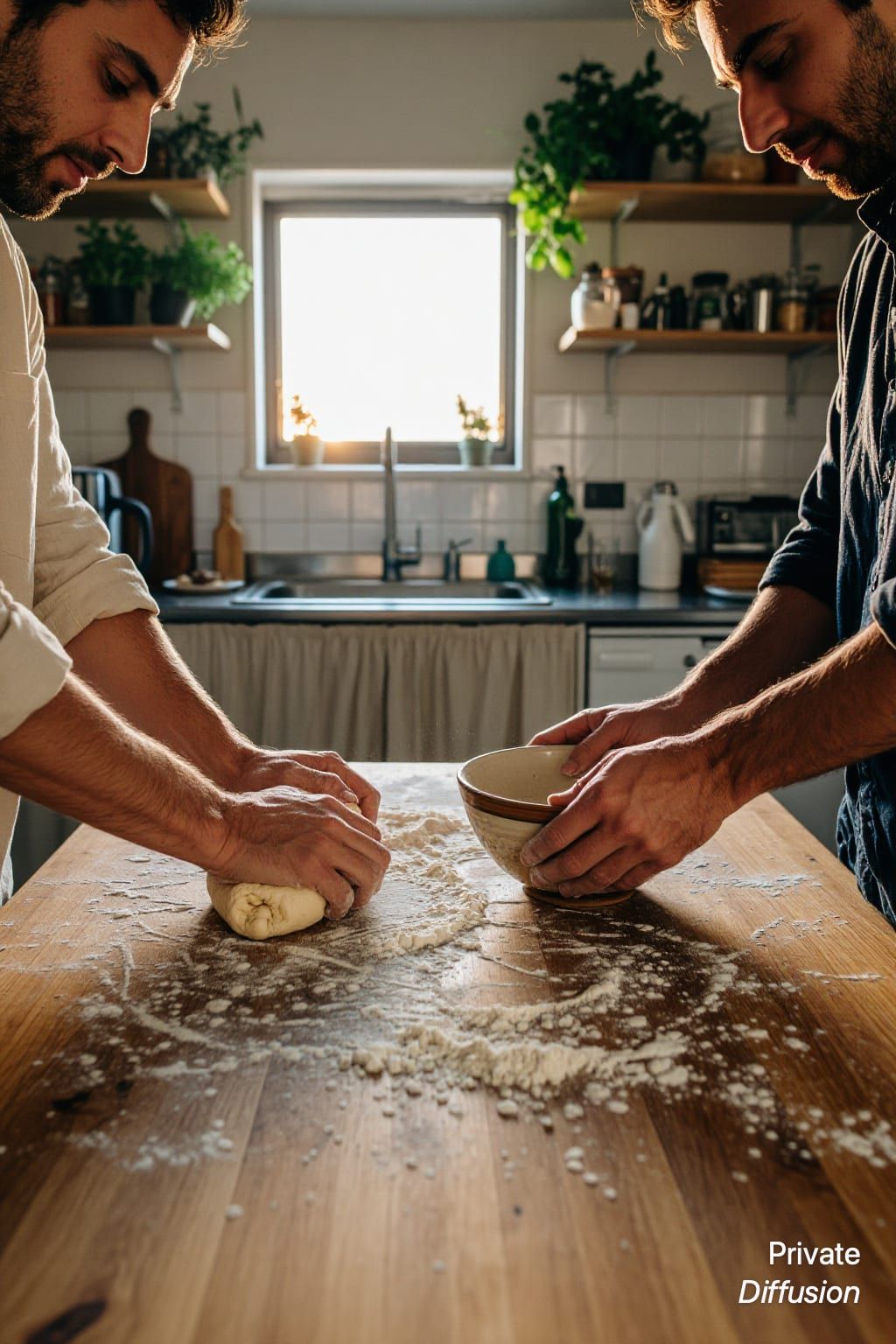 An adult couple kneads bread dough together in a small sunlit kitchen.