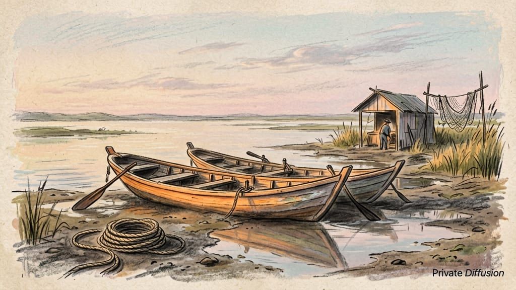 Wooden boats rest on muddy riverbank beside ropes, reeds, and drying nets.