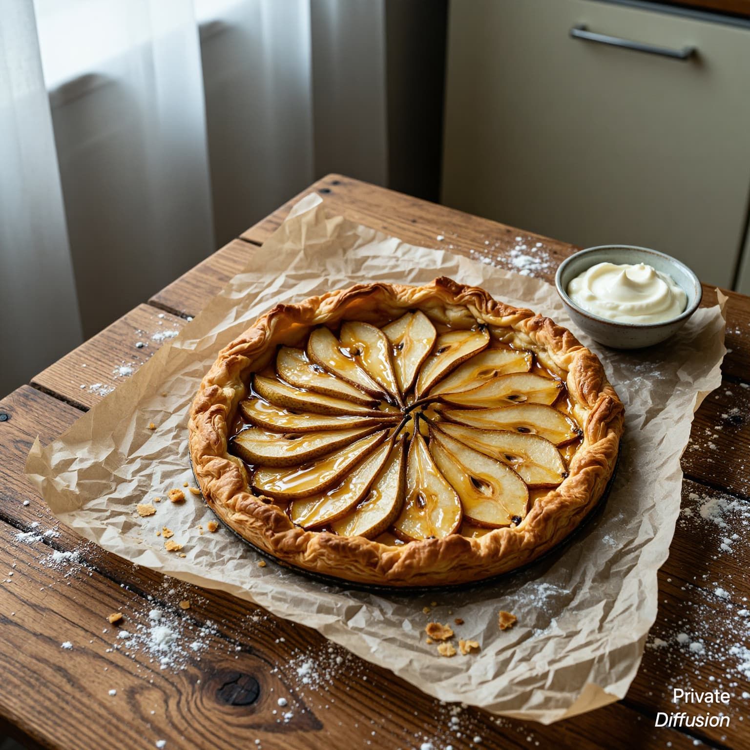 A pear tart with spiral fruit slices cools on parchment on a wooden table.