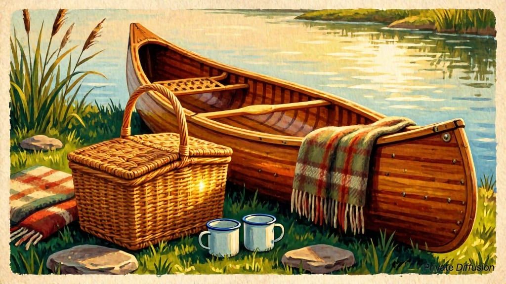 A vintage picnic basket sits beside a wooden canoe on a quiet riverbank.