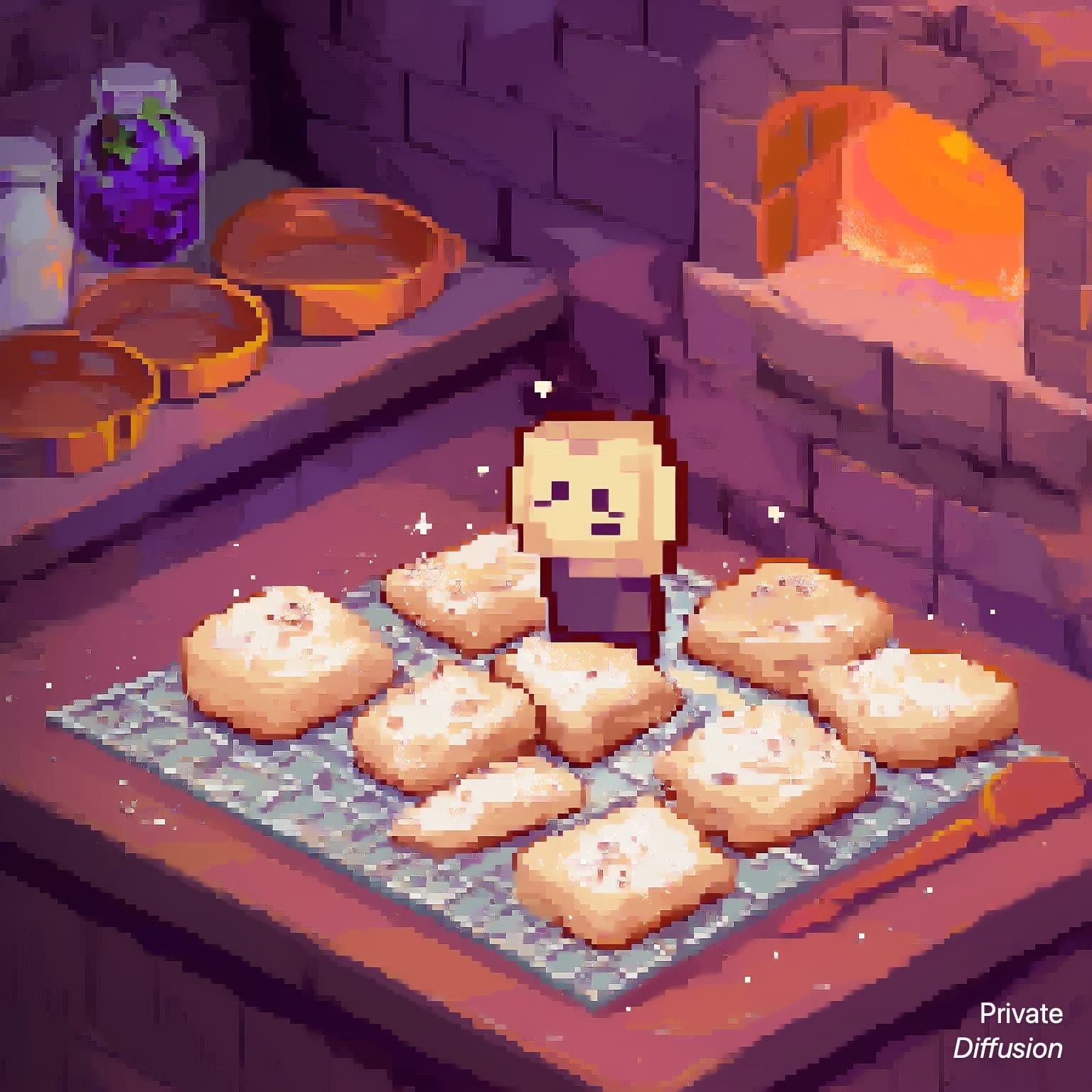 A pixel baker stacks comet-shaped pastries in a glowing night market stall.