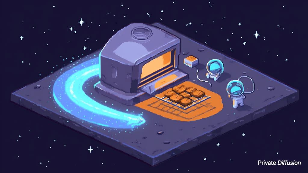 A pixel-art space bakery travels along a glowing comet tail with a floating baker nearby.