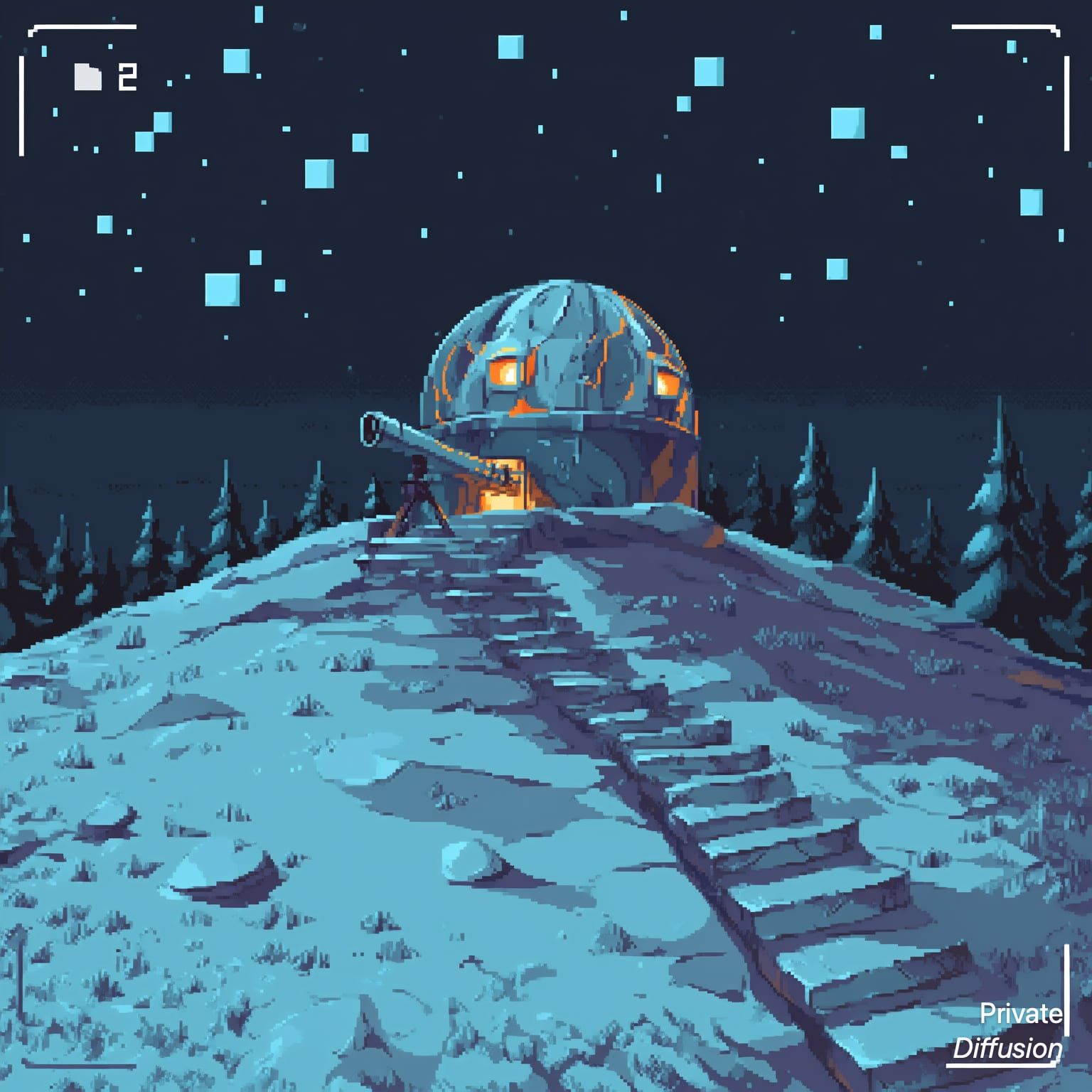 A pixel-art hilltop observatory glows above frozen pines under a square-star sky.