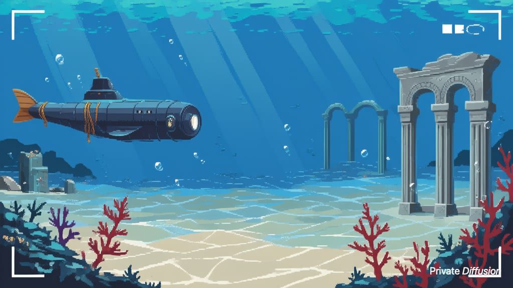 A pixel-art research submarine floats beside coral ruins in a blue reef trench.