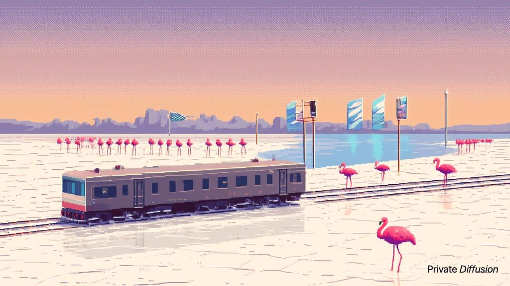 A pixel-art electric train crosses reflective salt flats toward distant mirror towers.